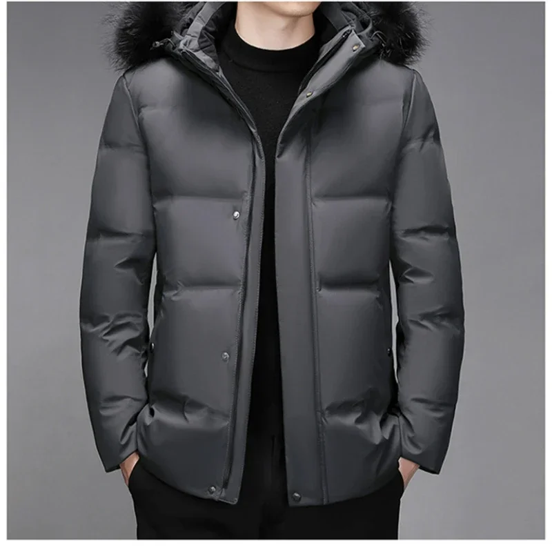 High-end Down Jacket Men\'s Winter Fashion Classic Wool Collar Hooded White Duck Down Warm Coat Business Middle-aged Short Parka