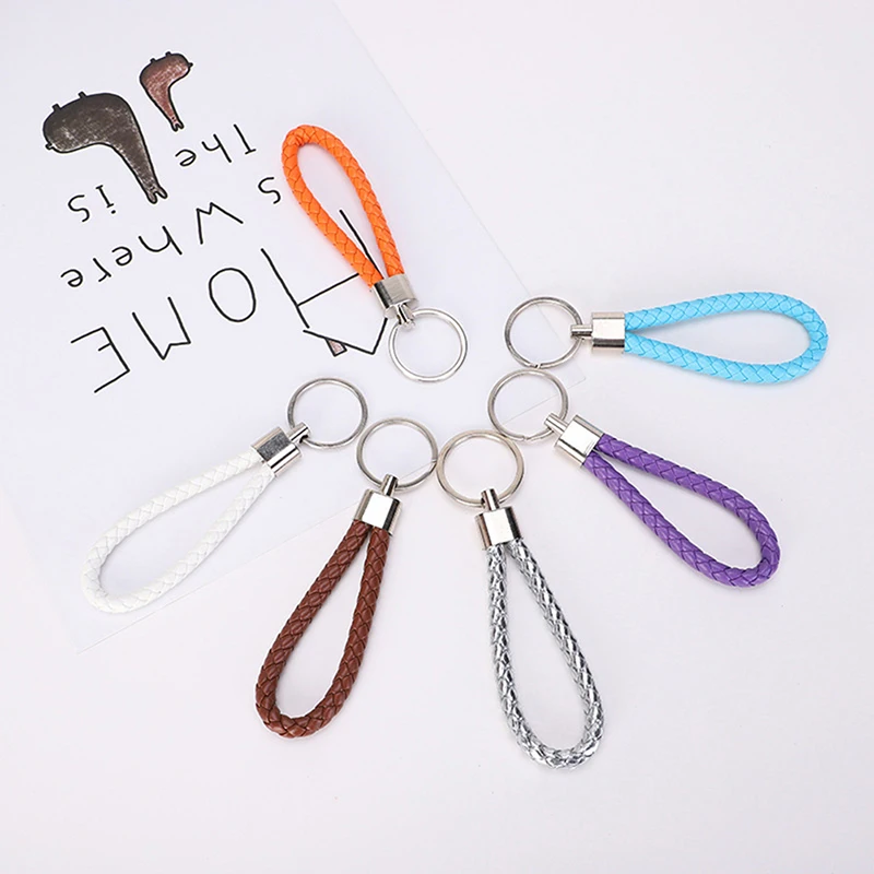 New Handmade PU Leather Rope Pendant Keychain Woven Key Chain Metal Key Rings for Women Bag Ornaments Car Key Ring Accessory