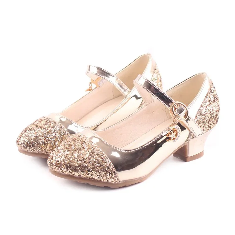 Kids Princess Party School Shoes High Heels Gold Silver Elegant Children Girls Dress Leather Shoes New Fashion Sequins Design