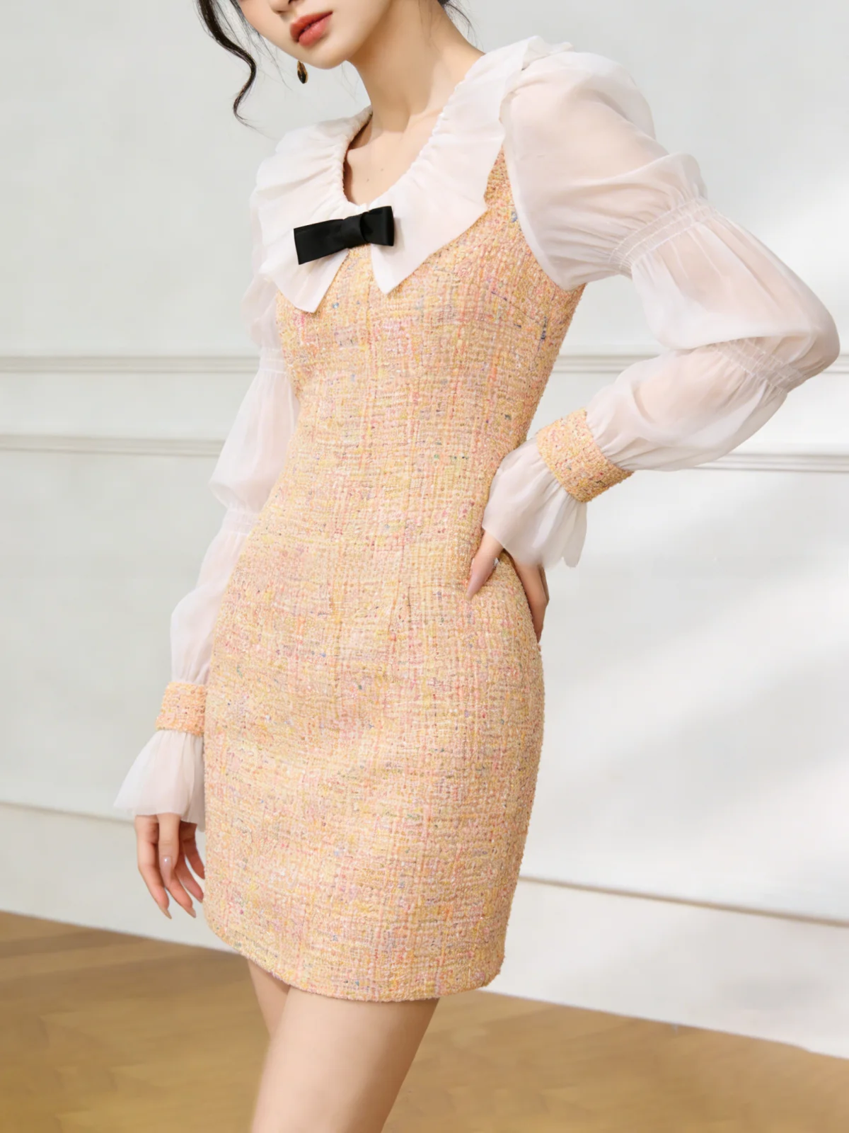 

Lulu Elegant Short Wrap Dress Women's New Style Age-Defying Slimming Retro Style Long Sleeve round Neck Thin Autumn Dress
