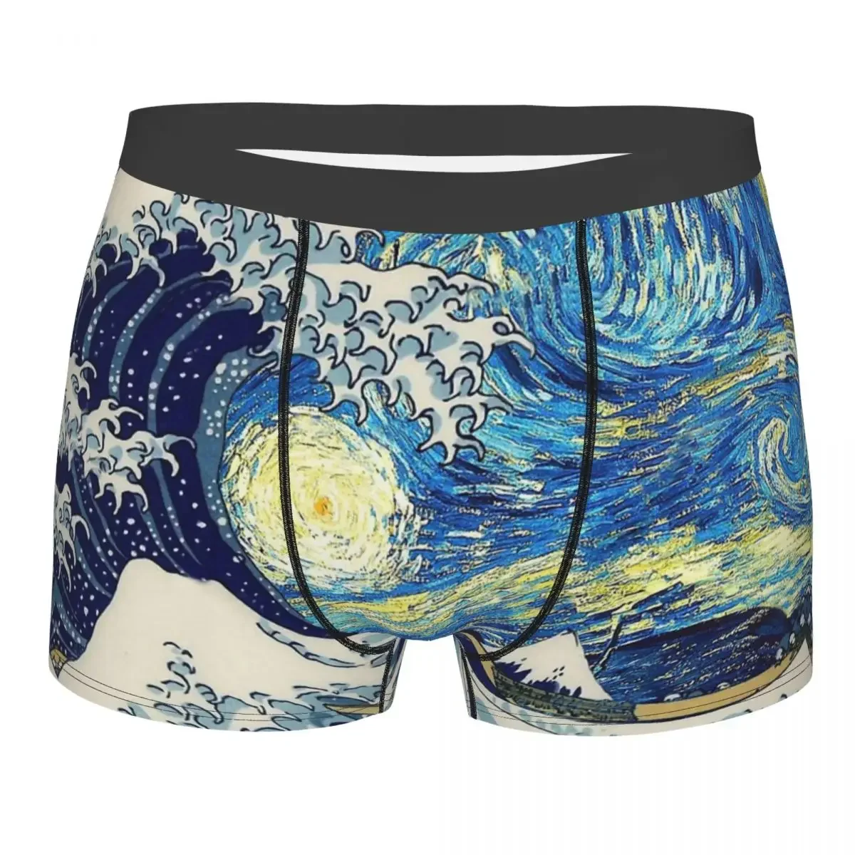 The Great Wave Off Kanagawa With Starry Night Van Gogh Oil Painting Art Underpants Panties Men's Underwear Shorts Boxer Briefs