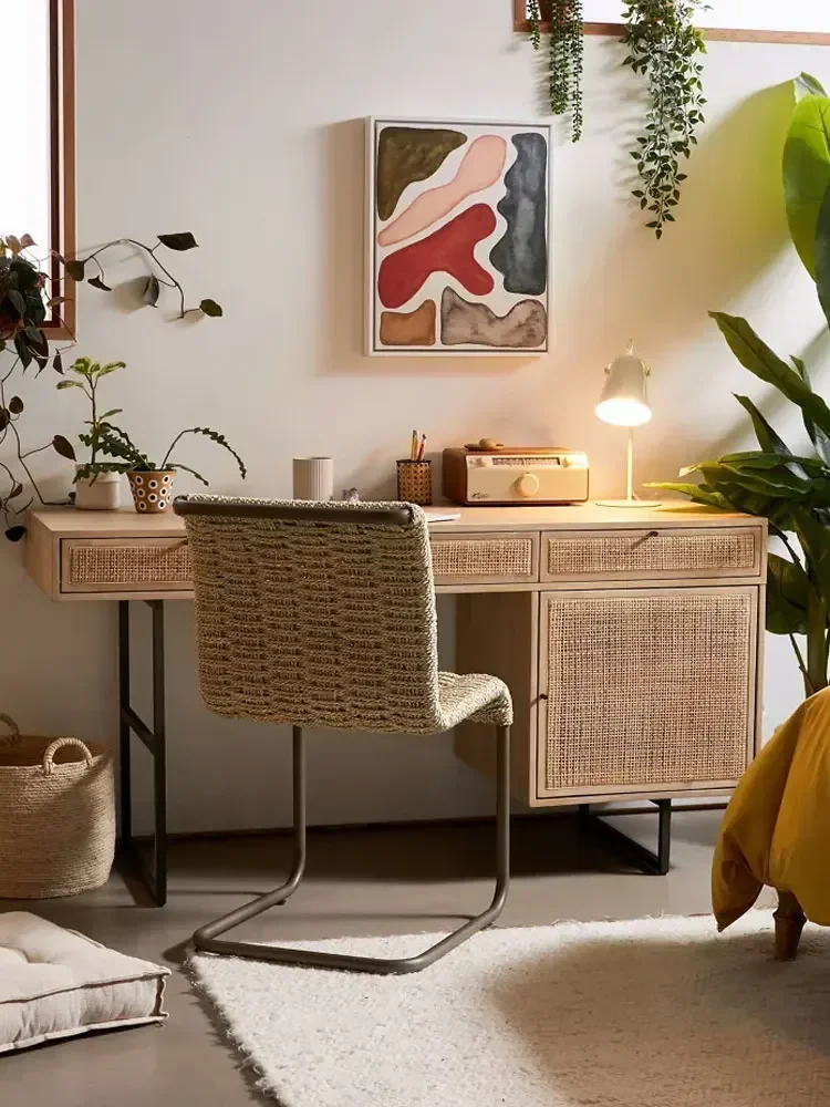 Nordic solid wood desk vintage rattan desk computer small household quiet wind dresser