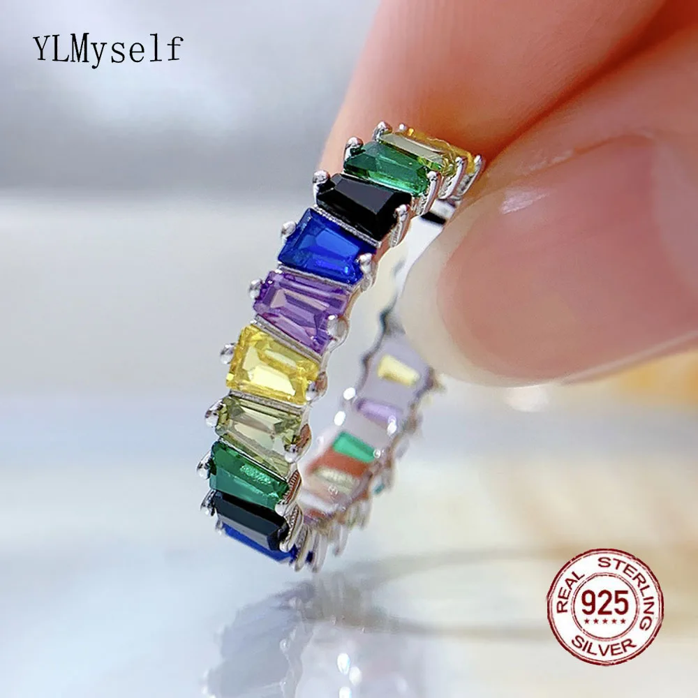 

Solid Real 925 Silver Ring Pave T-Square Shape Rainbow Zircon Shiny Rhodium Plating Fine Jewelry For Women