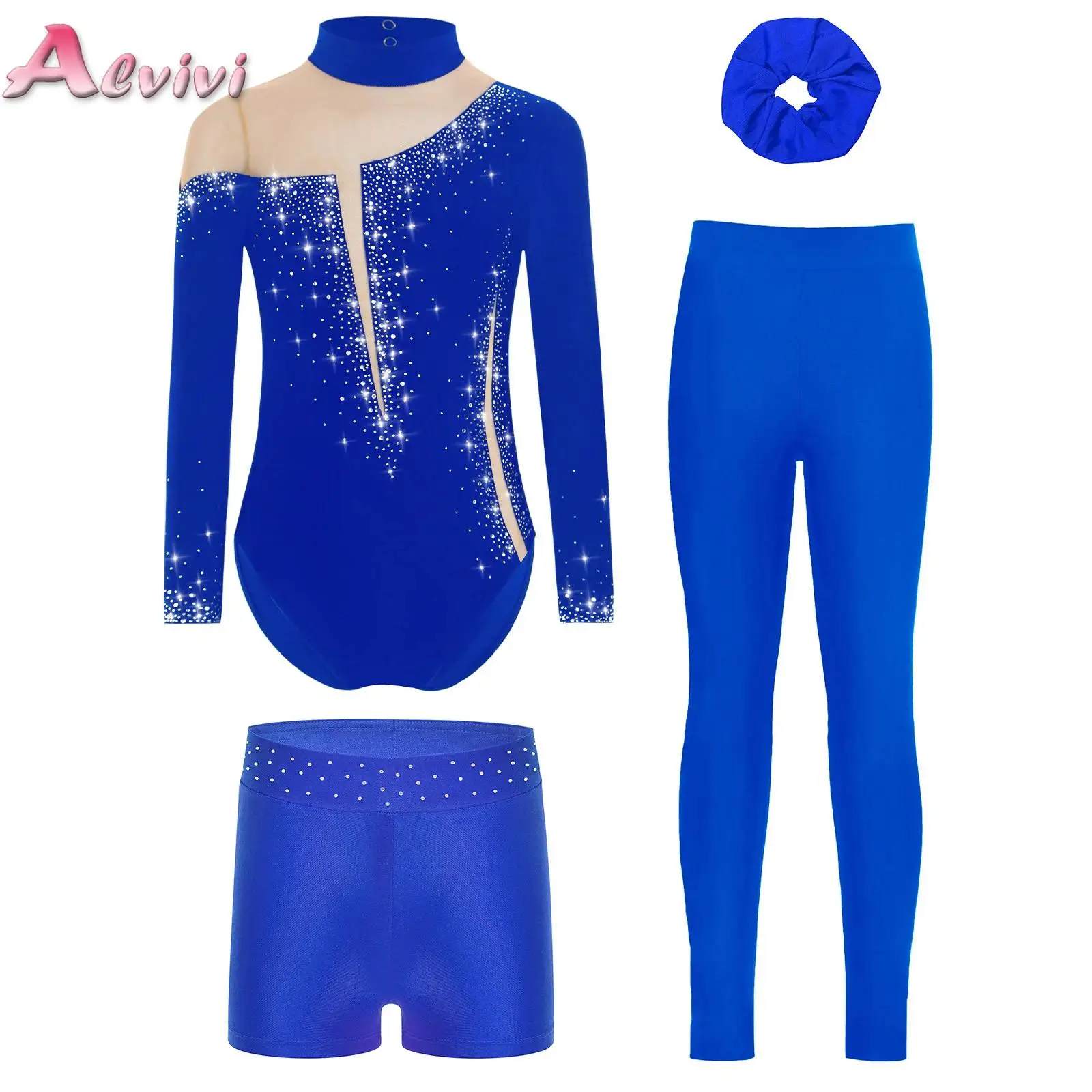 Детский комбинезон для художественной гимнастики для девочек, спортивная одежда, балетный трико со стразами + шорты + леггинсы + повязка для волос, комплект танцевальной одежды для подростков