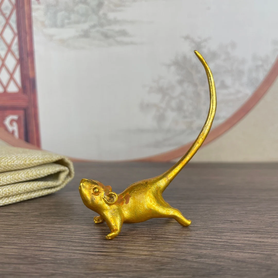 Favorite Tea Play Ornaments Gold Plated Copper Mouse Long tailed Attracting Wealth Bronze Ware, Study Room Decoration Collection