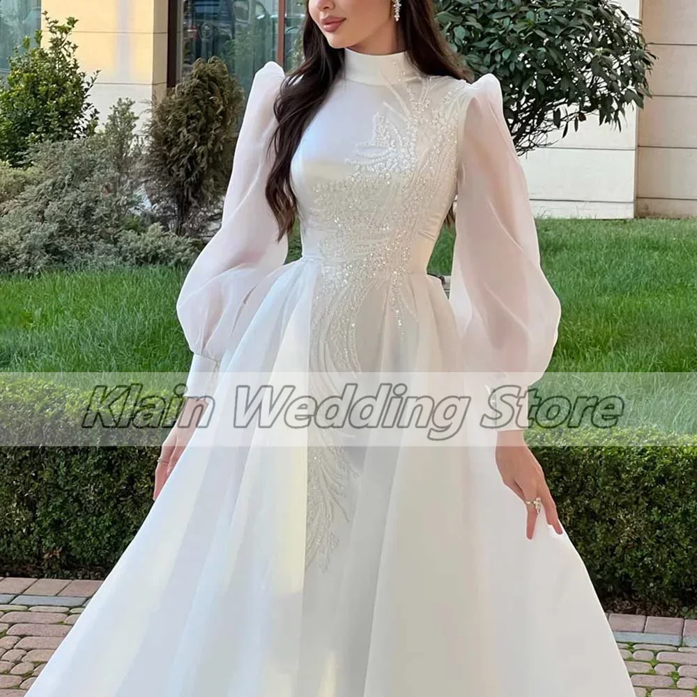 Maßgeschneidertes Luxus-Brautkleid aus Organza mit hoher Applikation und langen Ärmeln, Dubai, bodenlang, elegante Braut- und Abschlussball-Party-Kleider für Damen