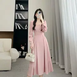 Spring Long Sleeved Square Neck Dress for Women Slim Occasion Temperament Waist Cinching and Belly Covering Mid Length Skirt