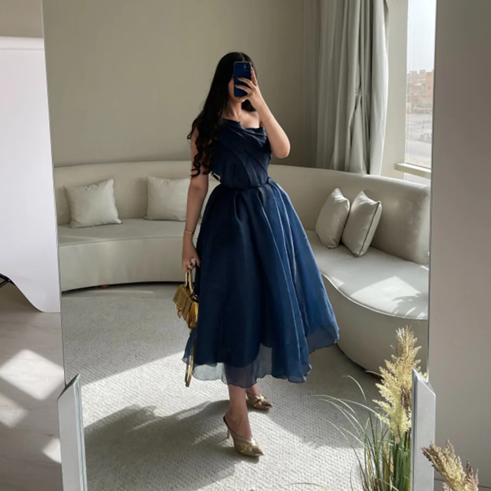 Navy Blue Vintage Organza One Shoulder Prom Dresses with Pleats A-Line Tea Length Robe De Soiree Formal Party Dresses for Women