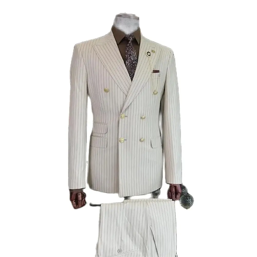 Handsome Men Suits White Stripe Double Breasted Peak Lapel Skinny 2 Piece Jacket Pants Sets High Quality Male Clothing Terno