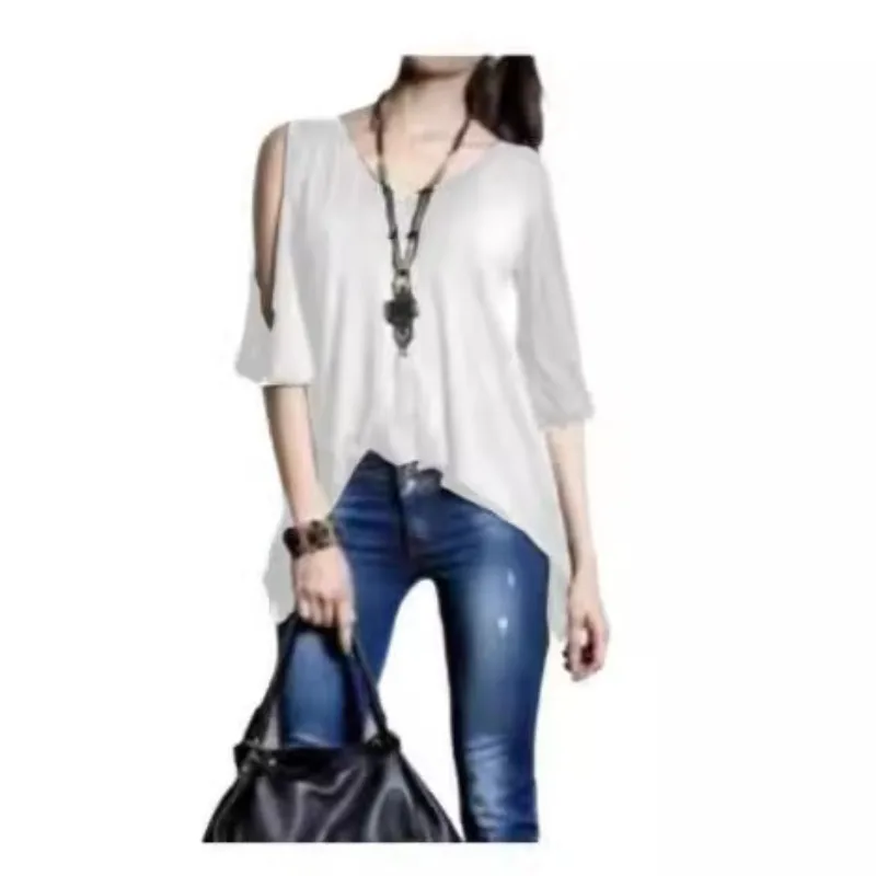 One-line Collar, Long Sleeves, Solid Color, Off-the-shoulder, Spliced Pull-up Sleeve Shirt, Women's Top