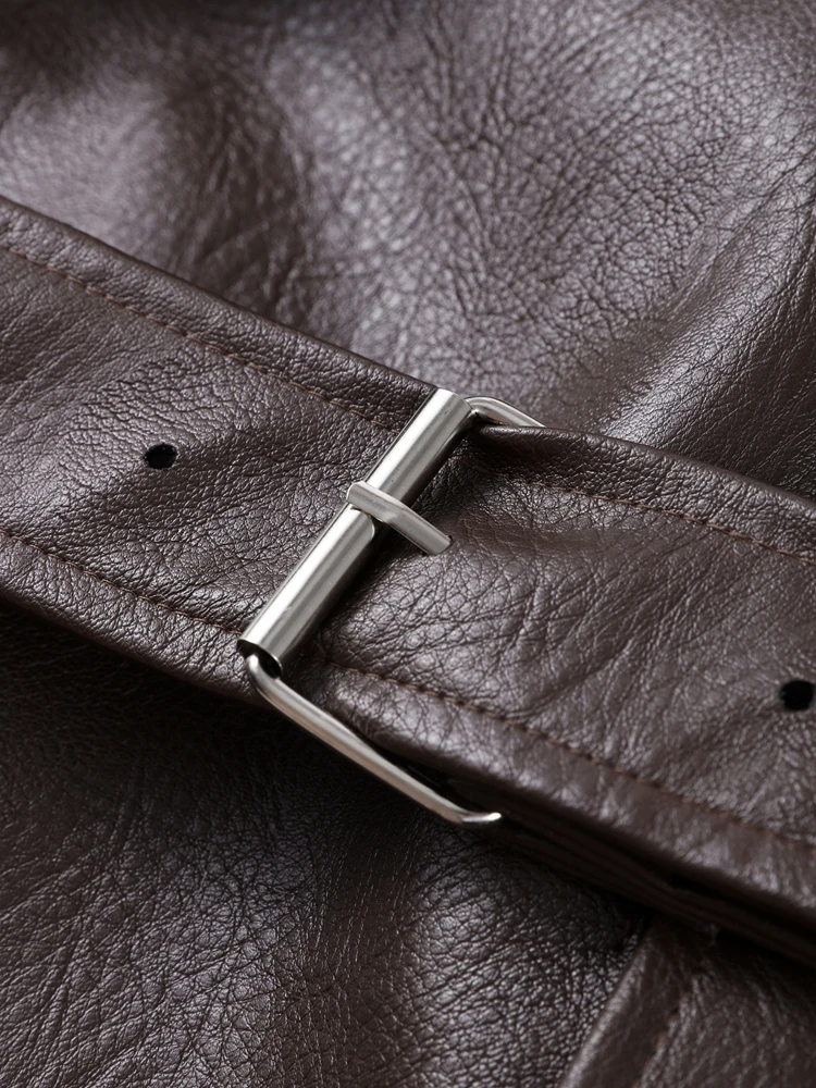 PU หนังแจ็คเก็ตผู้หญิงซิป Turn-Down COLLAR หลวมเสื้อแฟชั่นหรูหราสีน้ําตาล 2025 ฤดูใบไม้ร่วง Street รถจักรยานยนต์เสื้อกันหนาว TOP