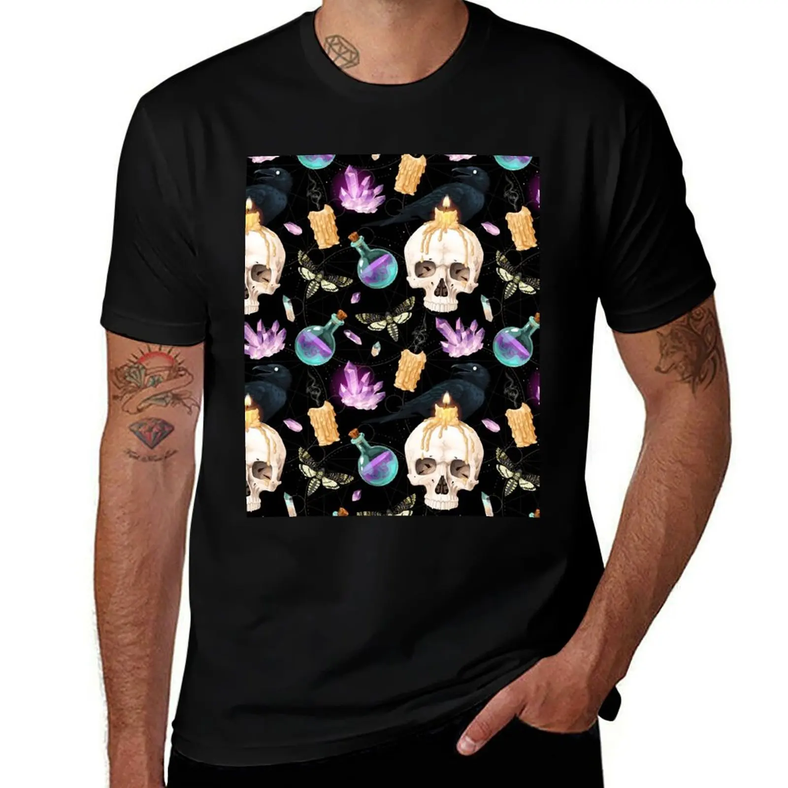 

Gothic Skulls Candle Crystals Crows Moths Black Patterned T-Shirt cotton tshirt 100% anime t shirts oversize T-Shirt
