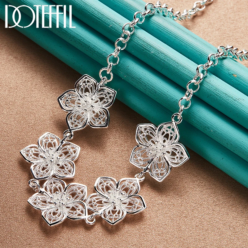 DOTEFFIL 925 Sterling Silver 20 Inch Five Flower Pendant Necklace Chain For Women Fashion Wedding Party Charm Jewelry