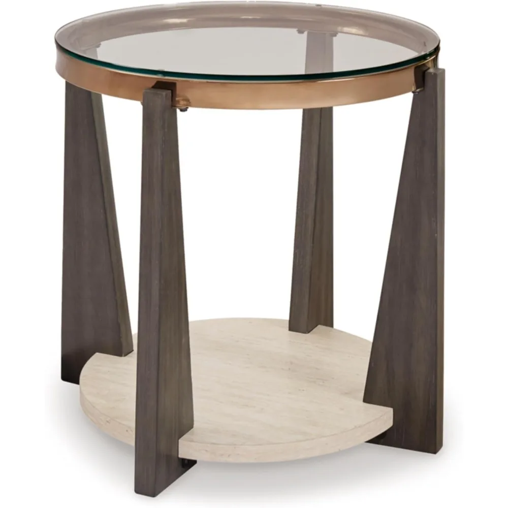 Modern Glass-Tabletop End Table with Open Lower Shelf, Dark Brown & Beige