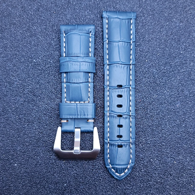حزام جلدي بديل عالمي مقاس 24 مم بإبزيم من الفولاذ الفاخر وحزام ساعة وسوار من الجلد باللون الأسود والبني والأزرق