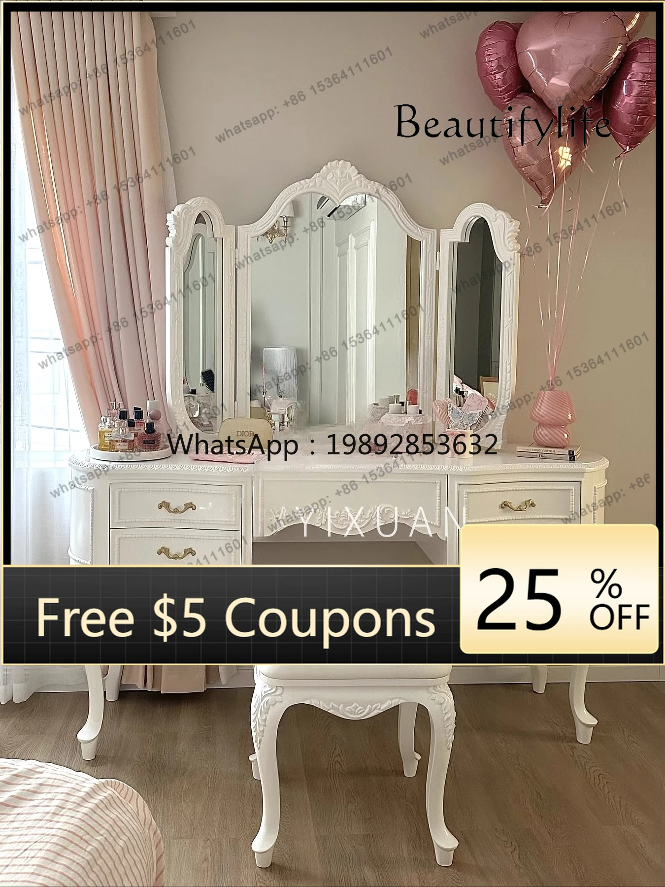 

W2 French retro solid wood carving flower bedroom dressing table Nordic modern white villa dressing table