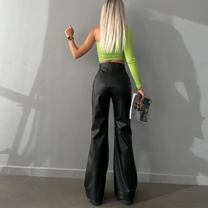 솔리드 컬러 슬림 플레어 가죽 팬츠 여성 2025 패션 빈티지 우아한 여성 하이웨이스트 팬츠 여성 스트릿웨어 트라우저