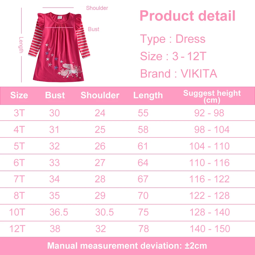 VIKITA Girls Flare Sleeve Autumn Spring Dress Kids Licorne Print Striped Dress Girls Cotton Casual Daily School Straight Dresses — zdjęcie 7