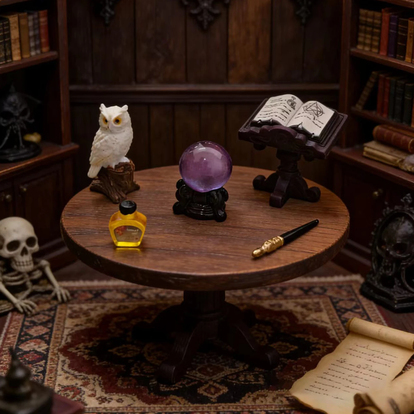 5 Stück Miniatur-Eulen-Zauberfiguren, Puppenhaus-Zubehör für dunkle Räume, Kristallkugel-Eulen-Medizin-Stift, Miniatur-Szenenrequisite – Detail 3