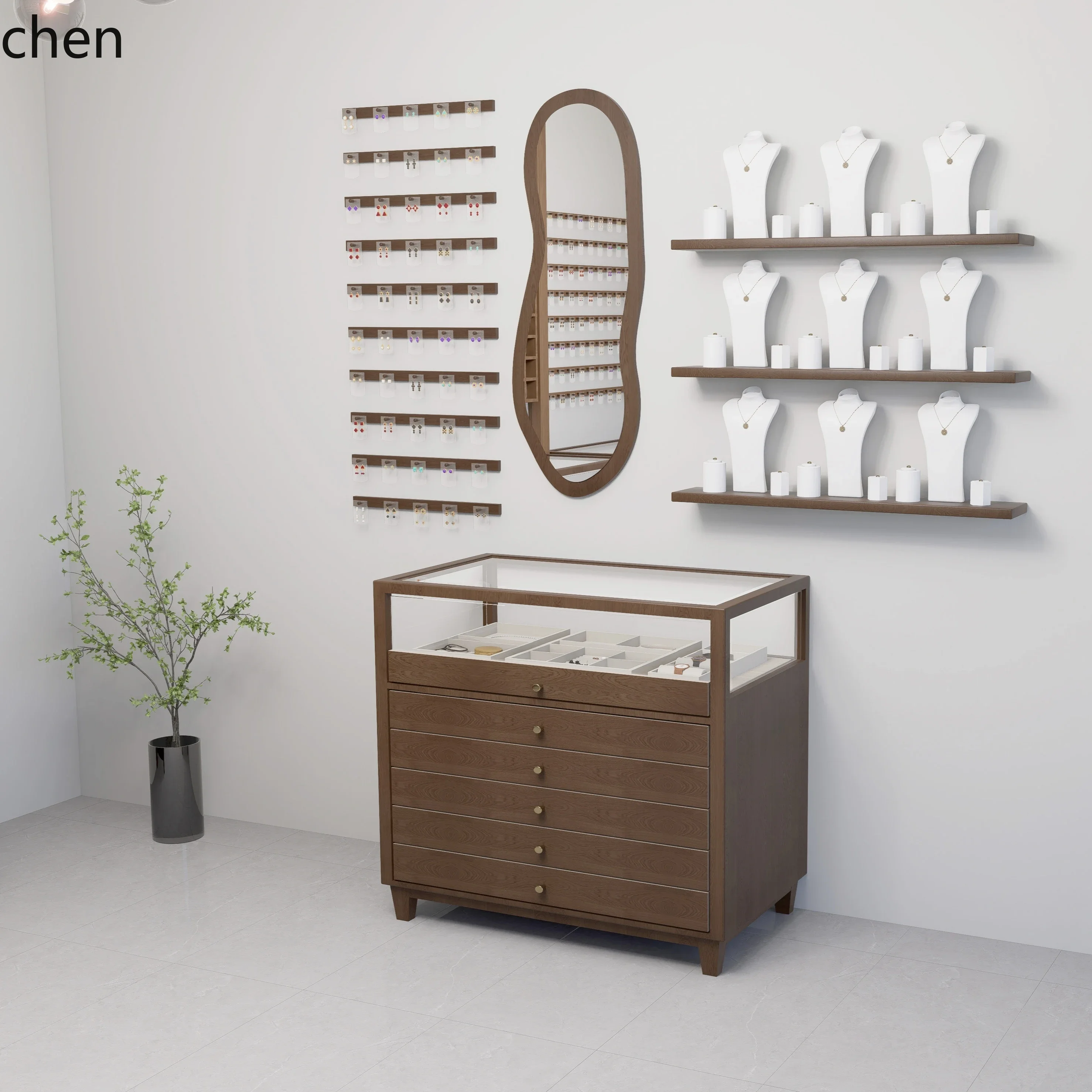 HT  Jewelry Nakajima Display Cabinet Solid Wood Display Cabinet Clothing Store Glass Display Cabinet Flow Table
