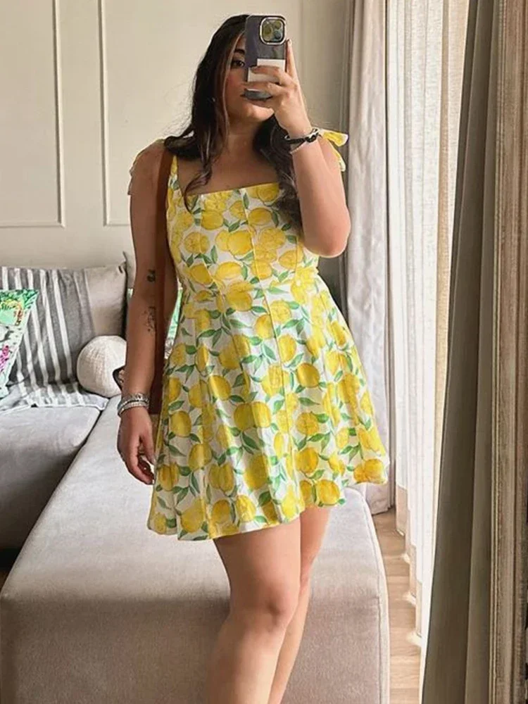 Women's Yellow Lemon Print Cotton Dress, Spaghetti Strap, Sleeveless, Mini Dresses, Summer Vacation, New Fashion, 2024