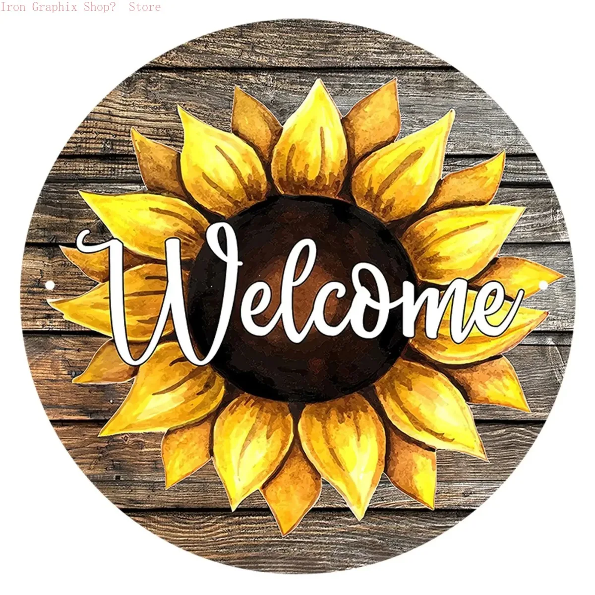 طباعة خشبية ترحيب مبهجة ثنائية الأبعاد، لافتة دائرية عتيقة مع فلامنغو عباد الشمس، ديكور جداري لموضوع حديقة الريف. #4