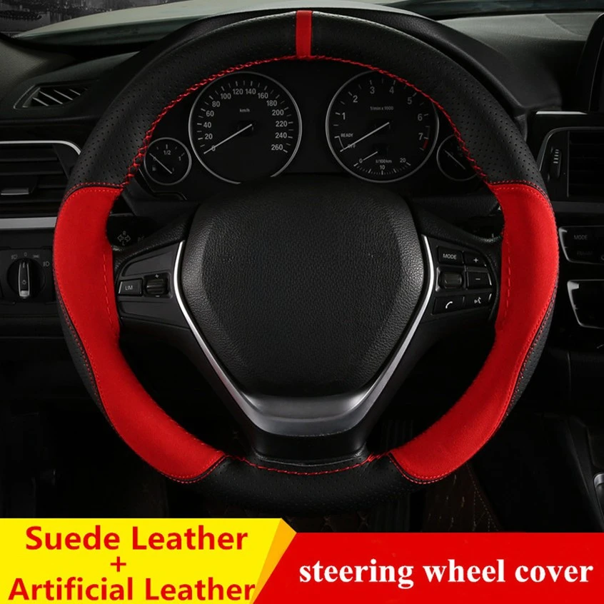 Suede Leather Car Steering Wheel Cover Soft Anti slip Steering-Wheel Braid With Needle Thread Car Interior Accessories 15 inch