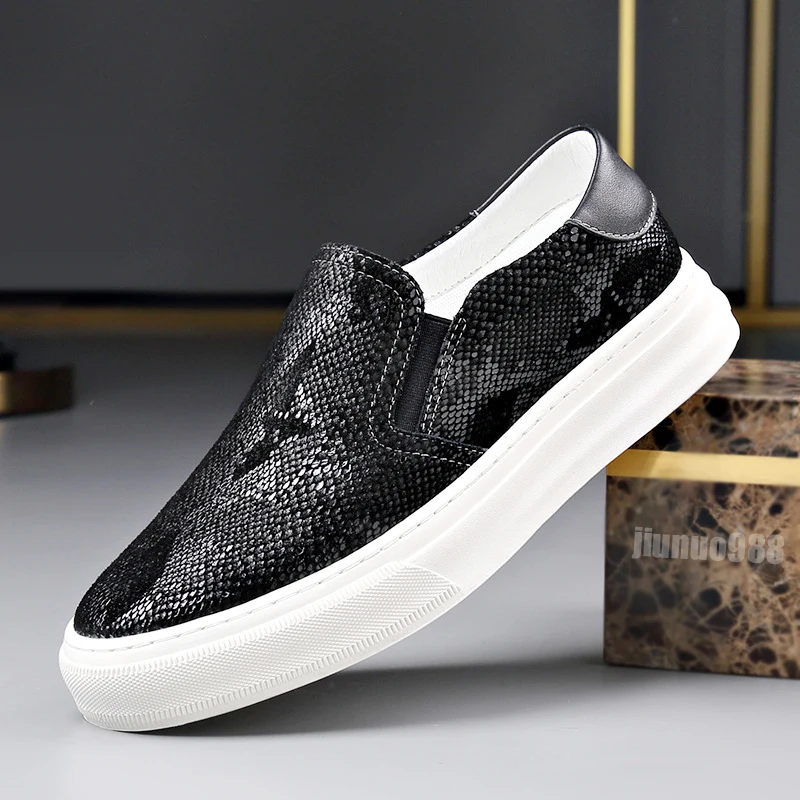 

High End Shoes for Men Genuine Leather Casual Shoes Black Snakeskin Print Luxury Flat Shoes Trend Suede Slip-On Loafers