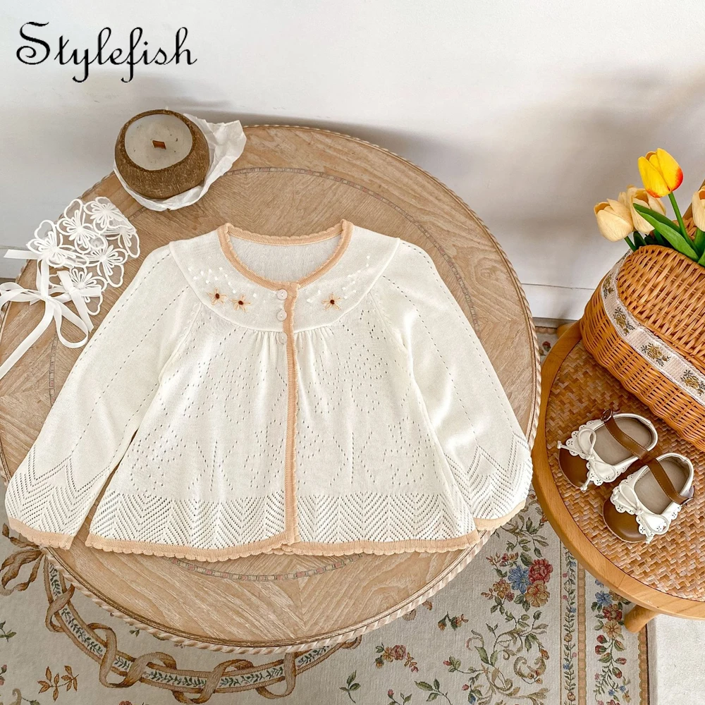 Summer New Baby Clothing 0-3 Year Old Girl Baby Off White Handmade Flower Knitted Air Conditioning Shirt Cardigan Long Sleeve