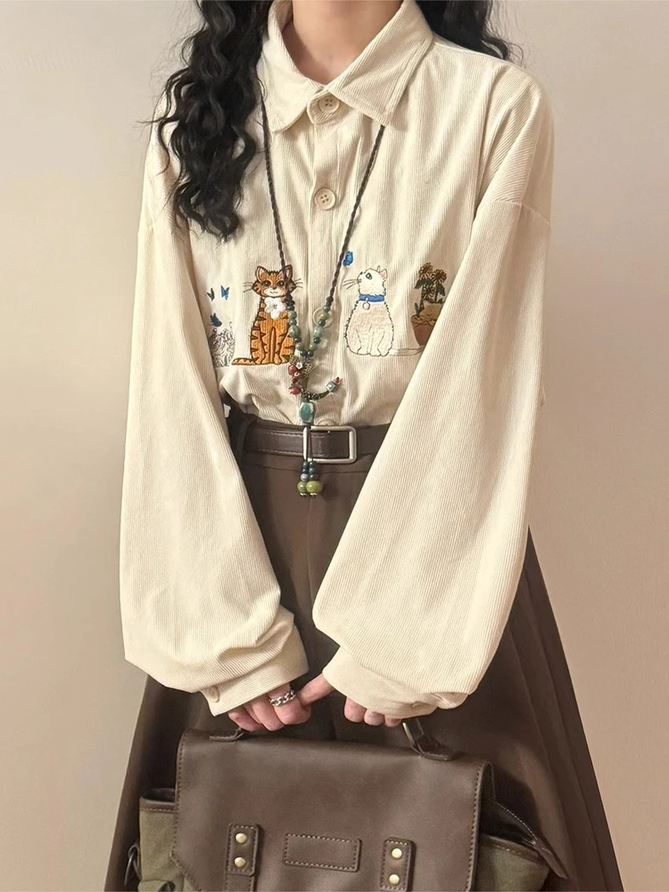 

Retro American Cute Embroidery Long Sleeve Loose Casual Shirt Men's Spring Autumn Lazy Artistic Loose Fashion Top