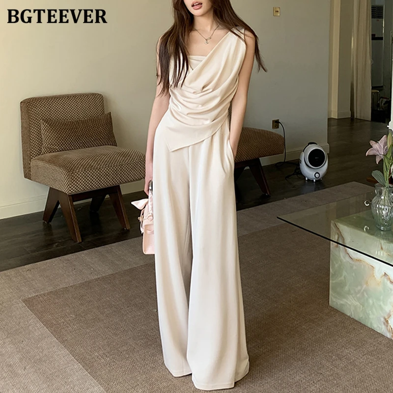 

BGTEEVER Summer Stylish Loose Women Playsuits Elegant Swinging Collar Sleeveless Blouses & Wide Leg Trousers Ladies 2 Pieces Set