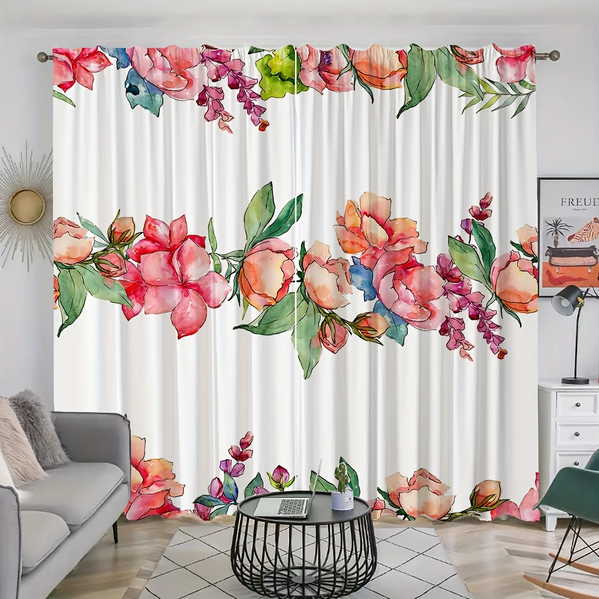 

2pcs Wild Flowers Peonies With Watercolor Style Printed Curtains Rod Pocket Curtain For Living Room Bedroom Windows Home Decor