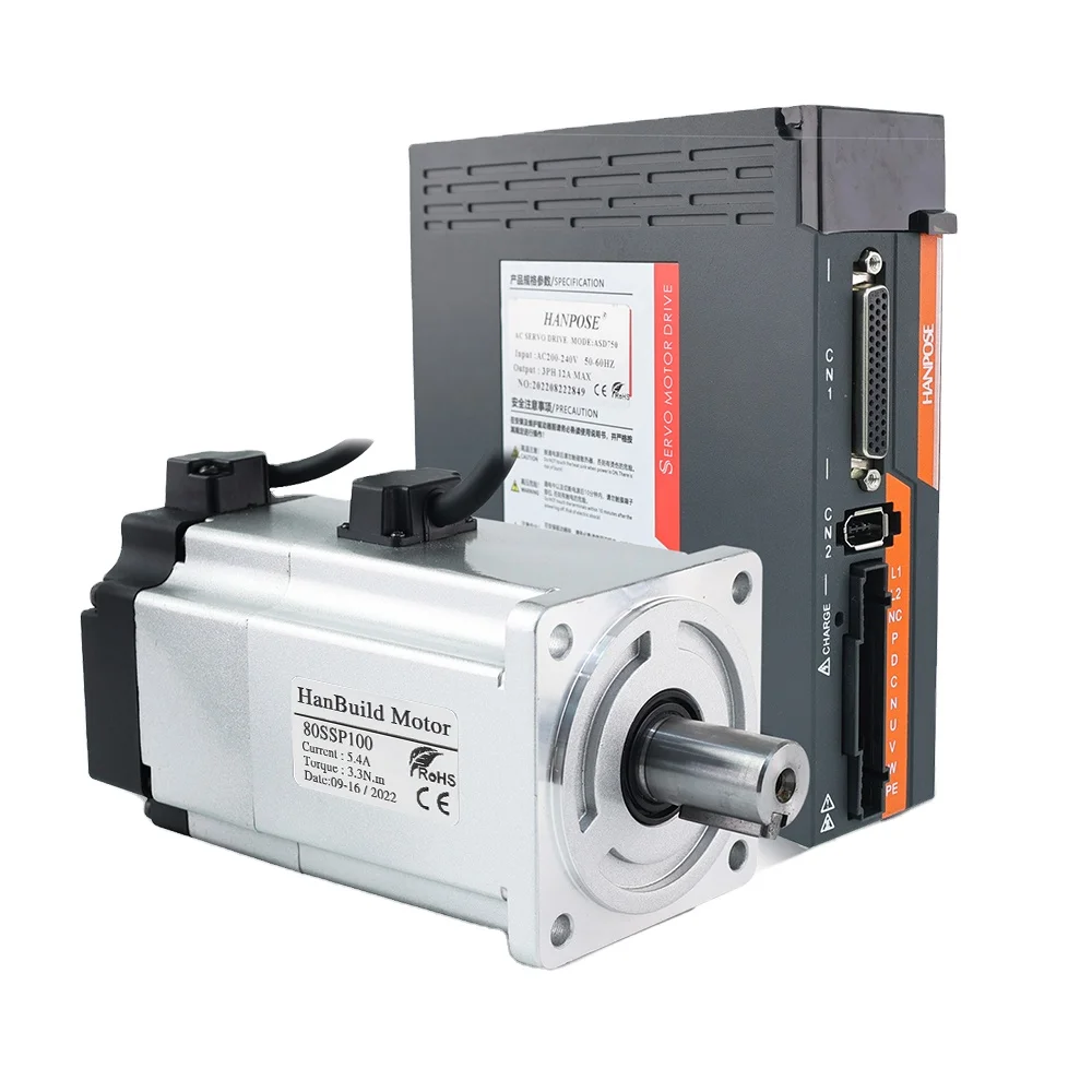 HanBuild motor 80SSP100-ASD2100 Servo motor with driver brake kit 220V 3.3N.m 5.4A 6000rpm printing press 1000w AC servo motor