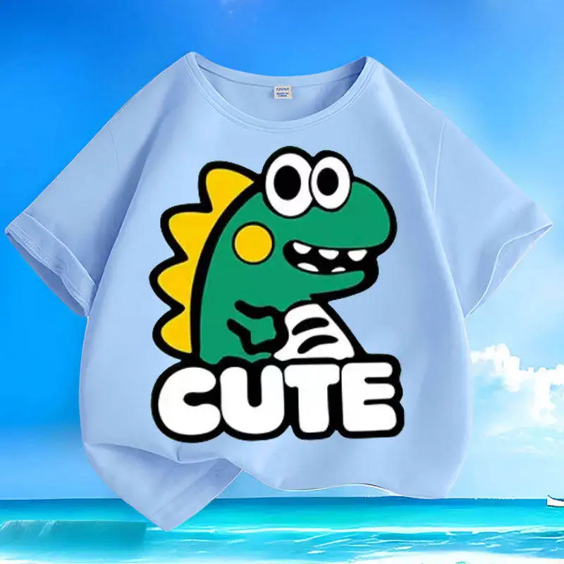 Cotton Summer New Cartoon Dinosaur Short Sleeve Children's Round Neck Loose T-shirt Parent Child Top Trendy