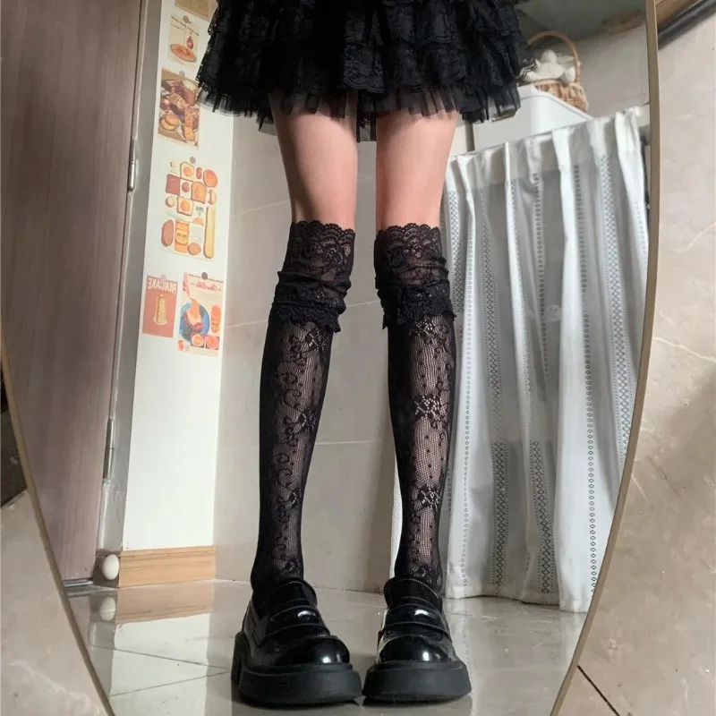 Lolita Sweet Lace-edge Fishnet Stockings Women Sexy Floral Pattern Nylon Mesh Thigh High Stocking JK Japanese Cos Overknee Socks image 4