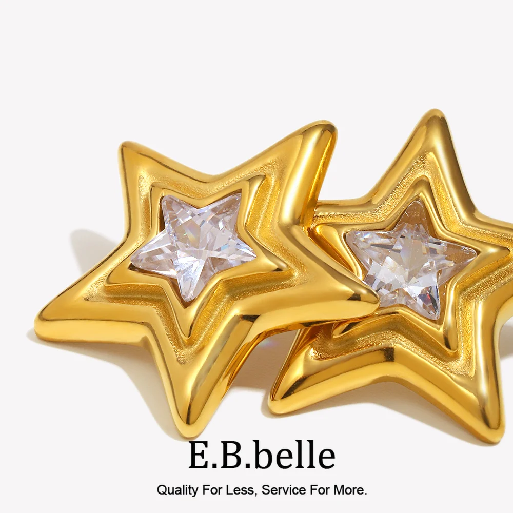 E.B.belle Women's Fashion Party Clear Zircon Star Stud Earrings 18K Gold Plated 316L Stainless Steel Statement Ear Jewelry