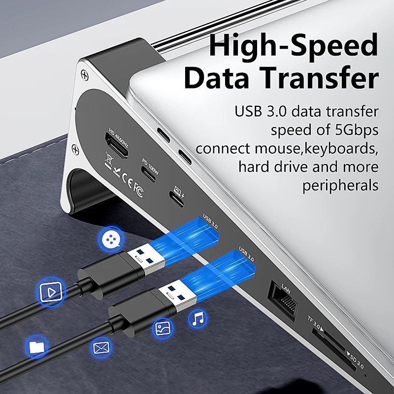 Blueendless Aluminum Laptop Stand with 4K 60Hz HD SD/TF Card Reader USB 3.0 5Gbps 100W PD Charger Type-C Hub Docking Station