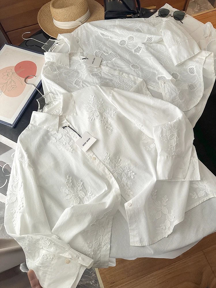 

French White Embroidered Shirts Lapel Long Sleeves 100% Cotton Hollow Out Blouses Autumn New Fashion High Street Women's Shirt