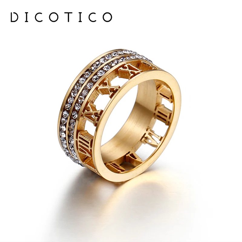 

Stainless Steel Gold Silver Color Rings For Women Trendy Zircon Hollow Roman Numerals Wedding Party Finger Rings Jewelry Gifts