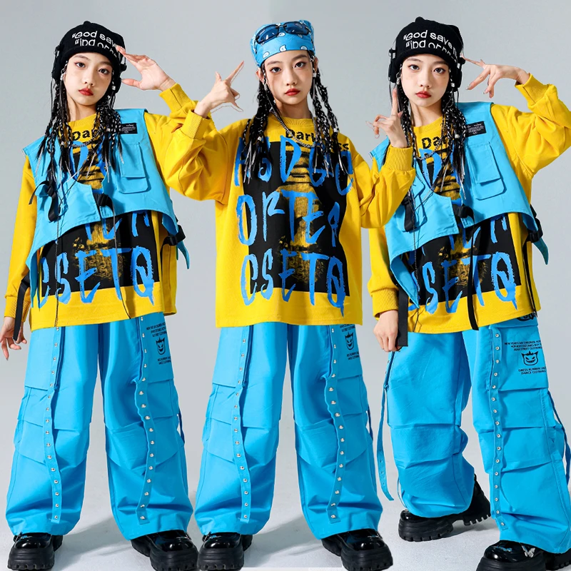 

Hip Hop Girls Costume Street Dance Stage Outfit Kids Jazz Dance Clothing Fashion Oversize Tops Pants Blue Yellow Streetwear 1207