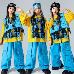 Hip Hop Girls Costume Street Dance Stage Outfit Kids Jazz Dance Clothing Fashion Oversize Tops Pants Blue Yellow Streetwear 1207