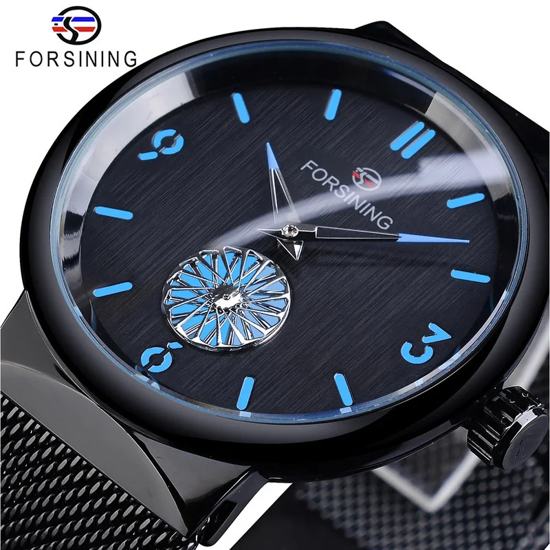 FORSINING Mechanical Watches for Men Hand Winding Minimalist Stainless Steel Mesh Band Waterproof Rotating Small Dial Mens Watch