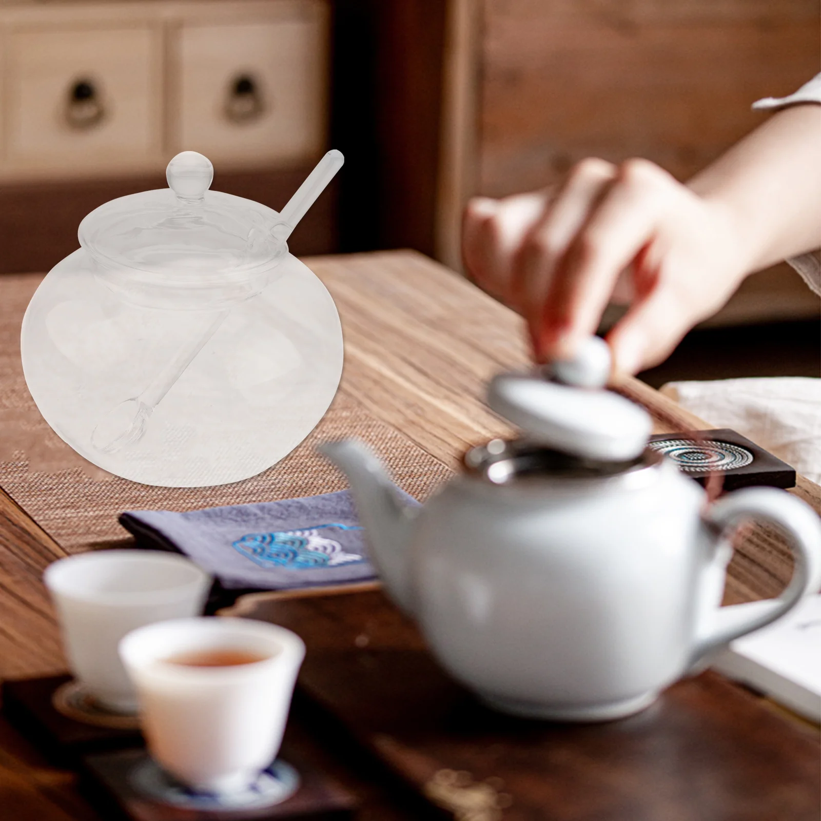 

2Sets Glass Honey Jar Spoon Transparent Container for Kitchen Home Food Seasoning Condiment Jar Glass Bottle