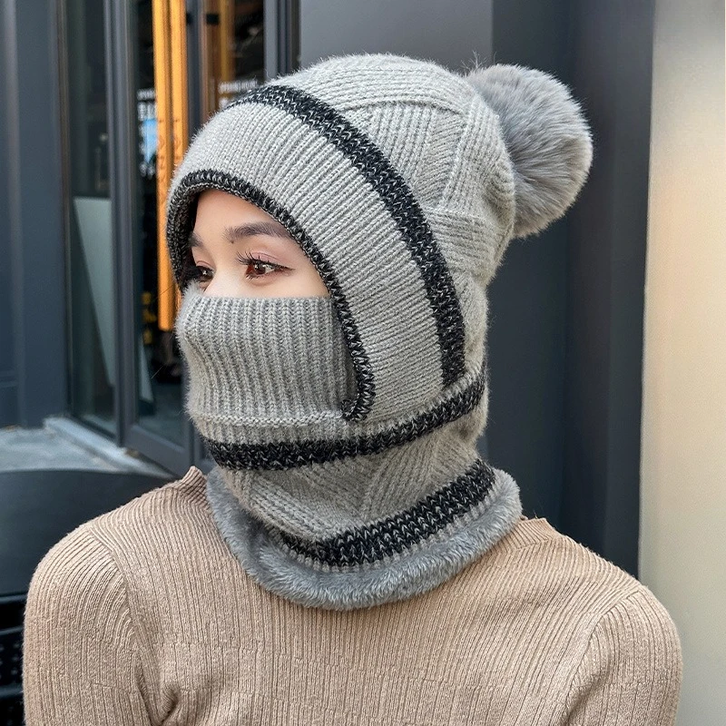 Hat Autumn and Winter Warm, Thickened Fleece Knitted Hat, Scarf, Mask Integrated Hat, Outdoor Cycling Windproof Warm Hat