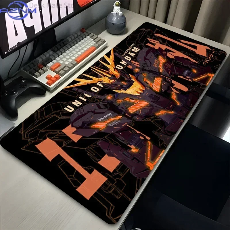 Black Base Orange Line Anime Mecha Large Mousepad, Rubber Base Extended Desk Mat, Non-Slip Waterproof Keyboard Pad for Gaming an