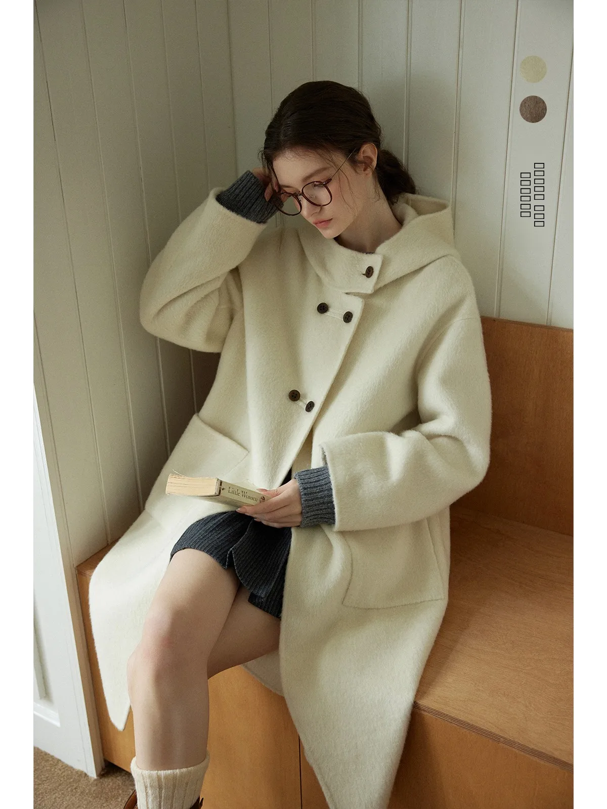 

Женское шерстяное пальто Snowy Desert Bell 2024 с капюшоном, воротником-стойкой и двойными карманами, новая зимняя модная модель для повседневной носки