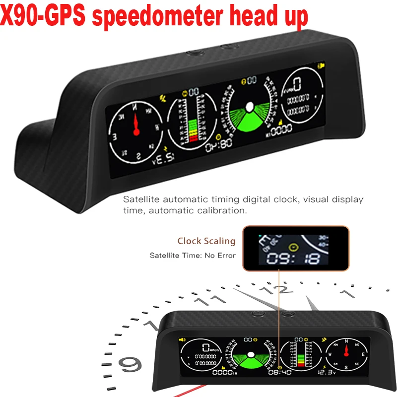 X90 GPS Slope Meter Inclinometer Car Altitude Speedometer HUD Pitch Tilt Angle Protractor Clock Latitude Longitude Campass