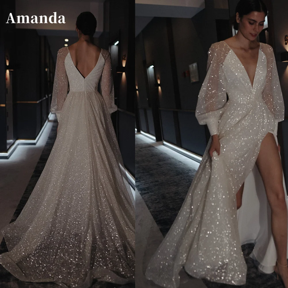 Amanda เซ็กซี่ Puffy Vestido De Novia Bright V คอชุดราตรีเงาด้านข้างแยกชุดราตรีกระพริบ Puffy เสื้อ فستان سهرة