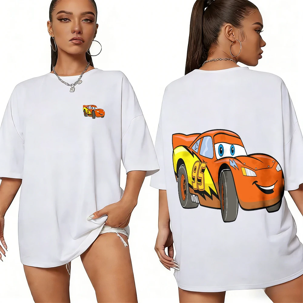 Disney Summer Racing Lightning McQueen Mini imagen 100% Camiseta estampada de algodón para hombres y mujeres Top informal transpirable Y2k