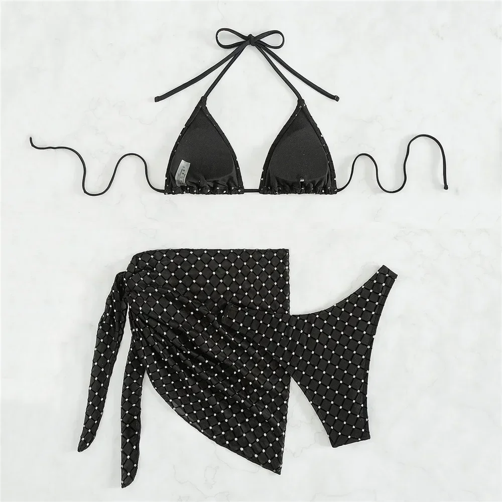 Preto brilhante sexy maiô malha cobrir ups feminino corda micro tanga biquíni halter férias banho beach wear 3 peça conjuntos de biquinis